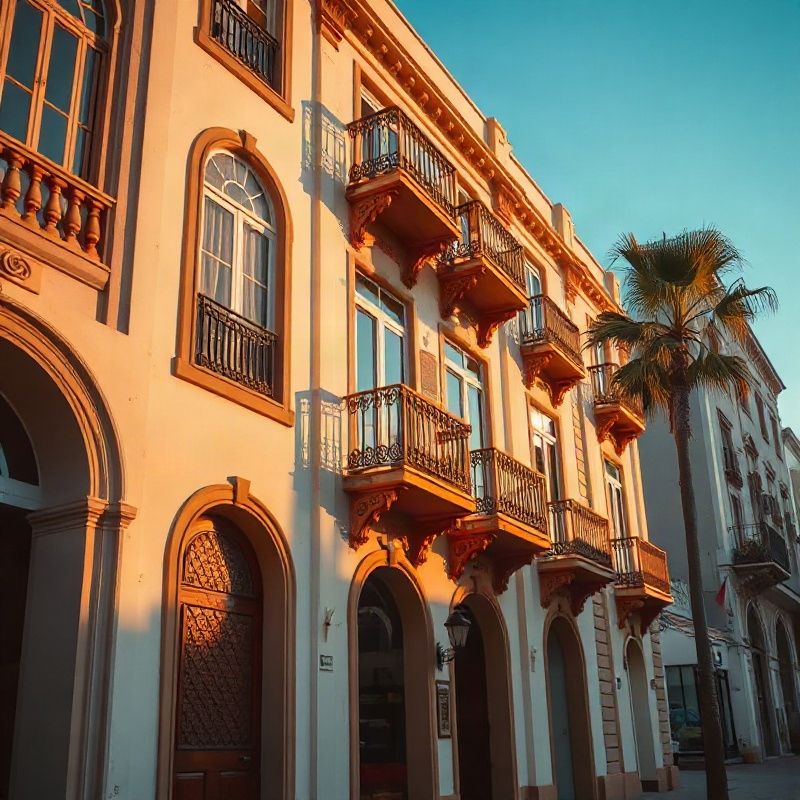 Fachada art déco en Punta del Este iluminada por luz dorada del atardecer