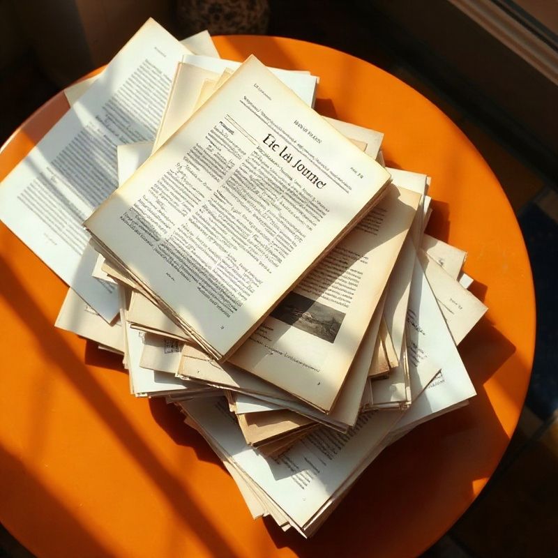 Pila curada de revistas literarias y artículos impresos sobre una superficie ámbar
