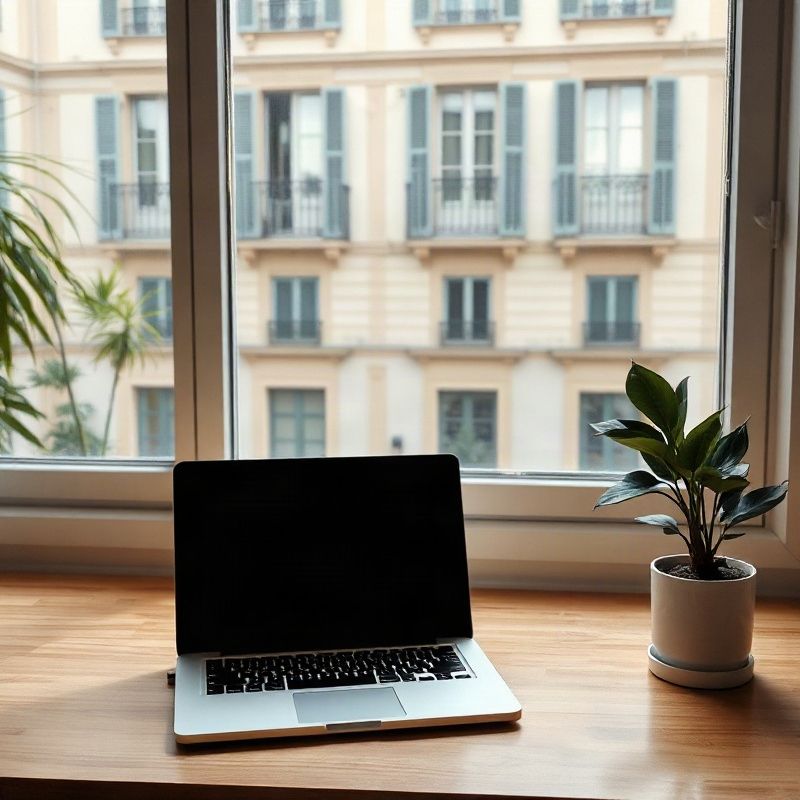 Escritorio ámbar minimalista con una computadora portátil cerrada y una planta pequeña