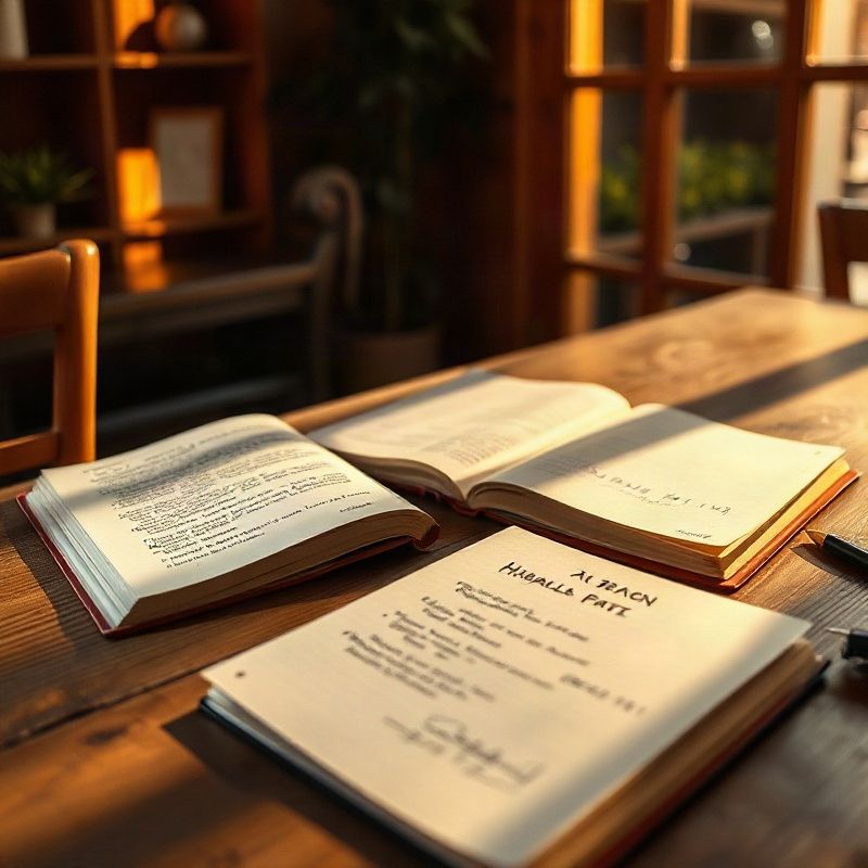 Escritorio de madera bañado por luz ámbar de tarde, con libros abiertos y notas manuscritas