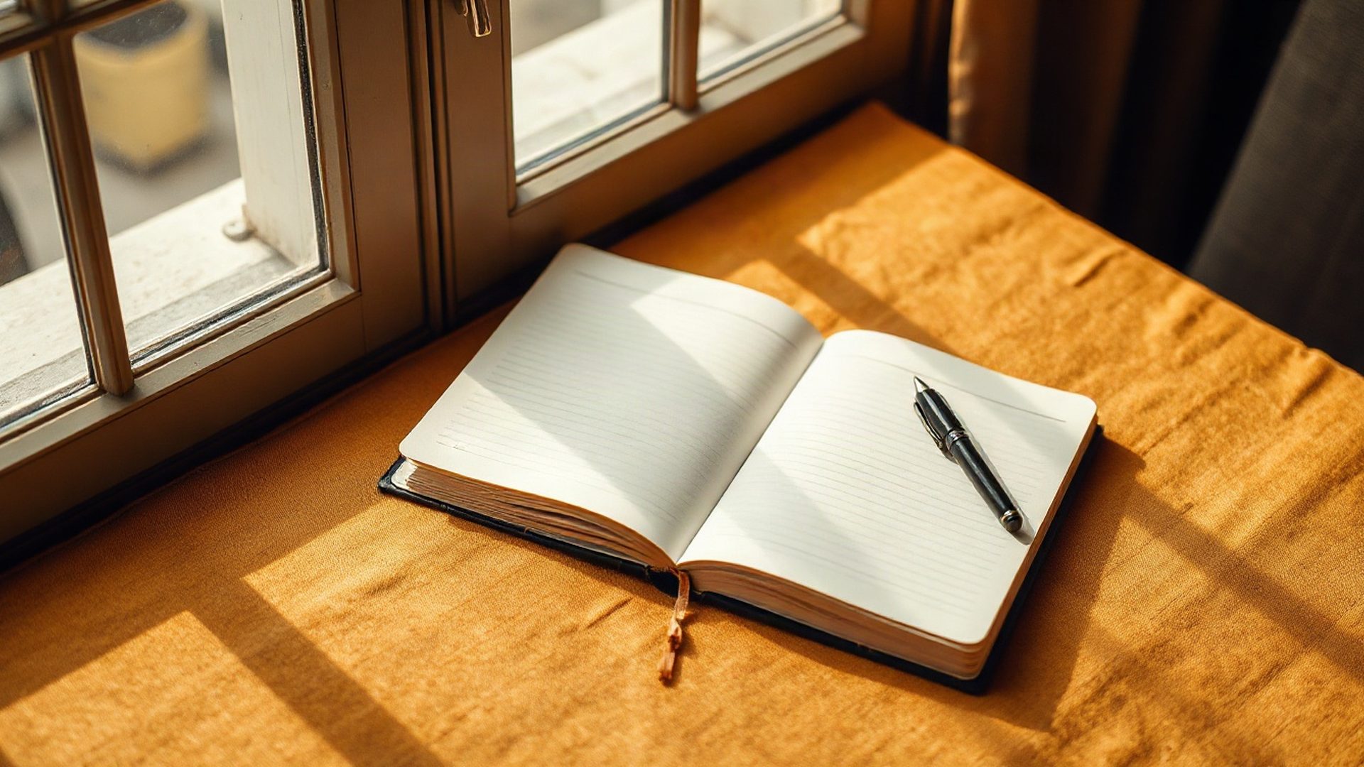 Cuaderno abierto y pluma de tinta sobre una superficie de lino ámbar en Punta del Este